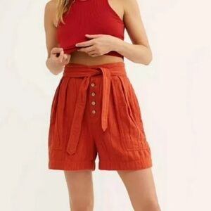 Free People Burnt Orange High Waist Tie Front 100% Cotton Shorts sz XL